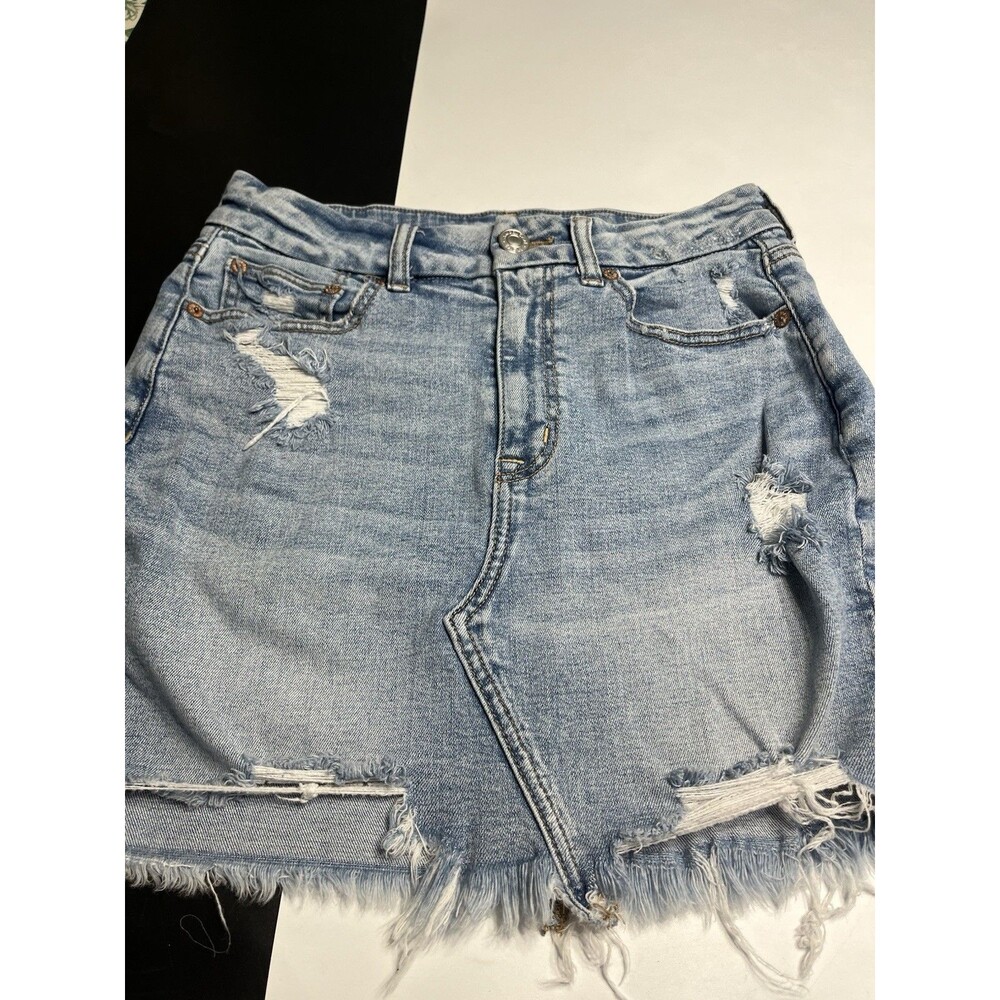 American Eagle Super Stretch Distressed Raw Hem Mini Denim Skirt Sz 6